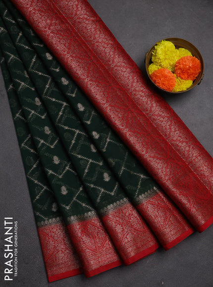 Semi chiniya silk saree bottle green and red with allover thread & zari weaves and woven border