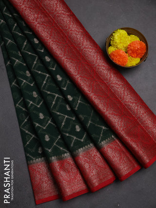 Semi chiniya silk saree bottle green and red with allover thread & zari weaves and woven border