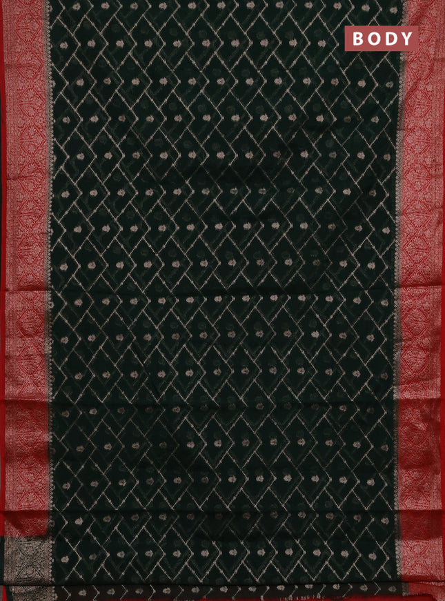 Semi chiniya silk saree bottle green and red with allover thread & zari weaves and woven border
