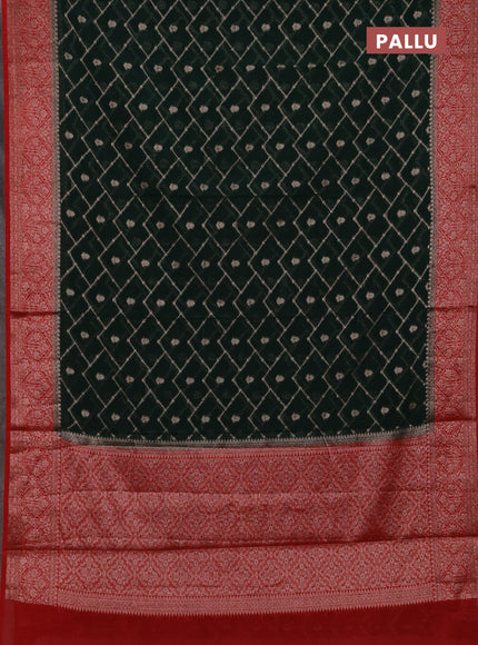 Semi chiniya silk saree bottle green and red with allover thread & zari weaves and woven border
