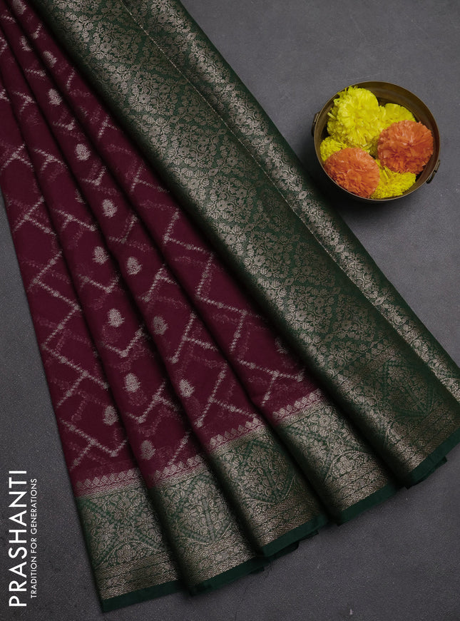 Semi chiniya silk saree wine shade and dark green with allover thread & zari weaves and woven border