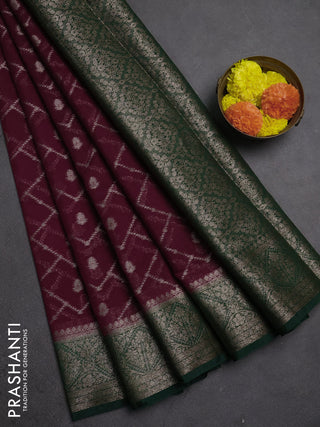 Semi chiniya silk saree wine shade and dark green with allover thread & zari weaves and woven border