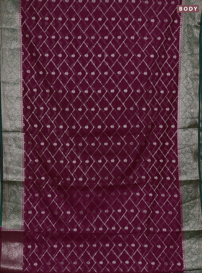 Semi chiniya silk saree wine shade and dark green with allover thread & zari weaves and woven border