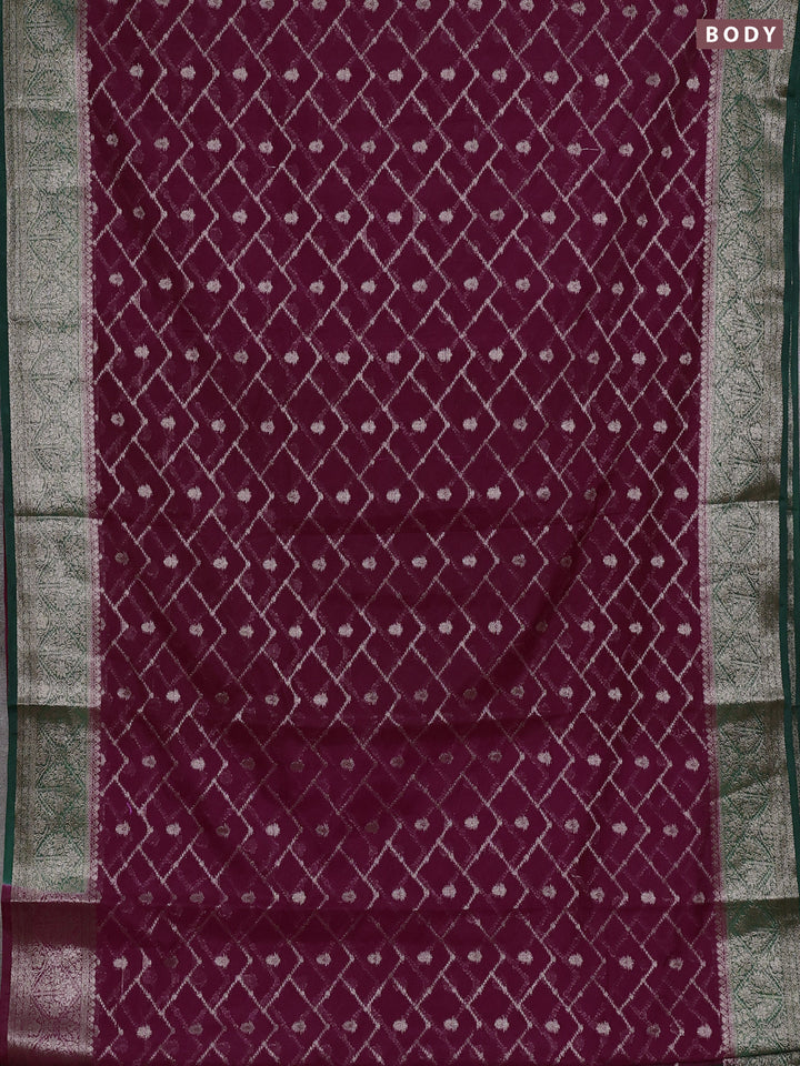 Semi chiniya silk saree wine shade and dark green with allover thread & zari weaves and woven border