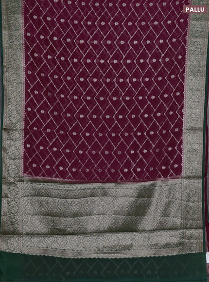 Semi chiniya silk saree wine shade and dark green with allover thread & zari weaves and woven border