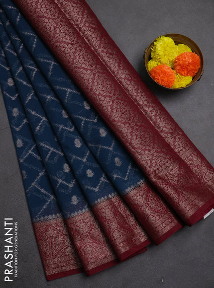 Semi chiniya silk saree peacock blue and wine shade with allover thread & zari weaves and woven border