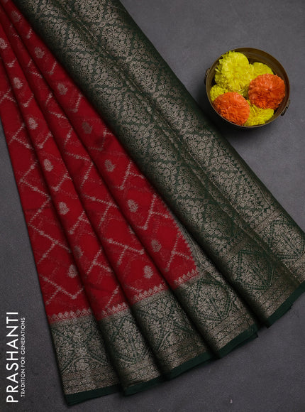 Semi chiniya silk saree red and bottle green with allover thread & zari weaves and woven border