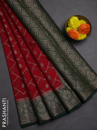 Semi chiniya silk saree red and bottle green with allover thread & zari weaves and woven border