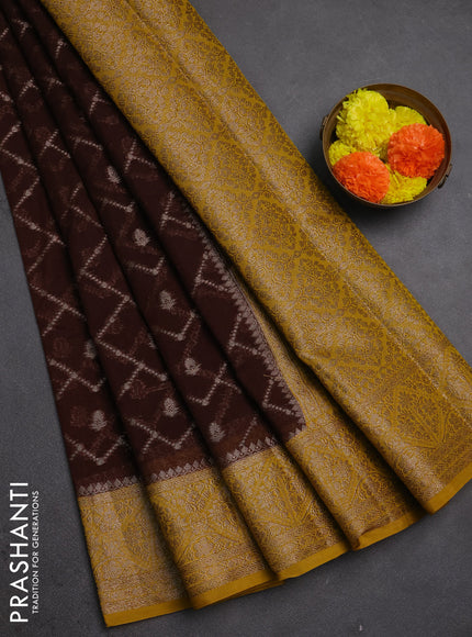Semi chiniya silk saree coffee brown and dark mustard with allover thread & zari weaves and woven border