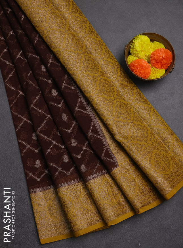 Semi chiniya silk saree coffee brown and dark mustard with allover thread & zari weaves and woven border