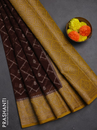 Semi chiniya silk saree coffee brown and dark mustard with allover thread & zari weaves and woven border
