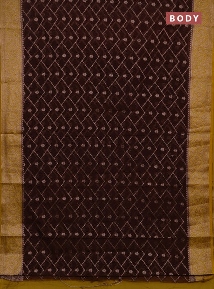 Semi chiniya silk saree coffee brown and dark mustard with allover thread & zari weaves and woven border