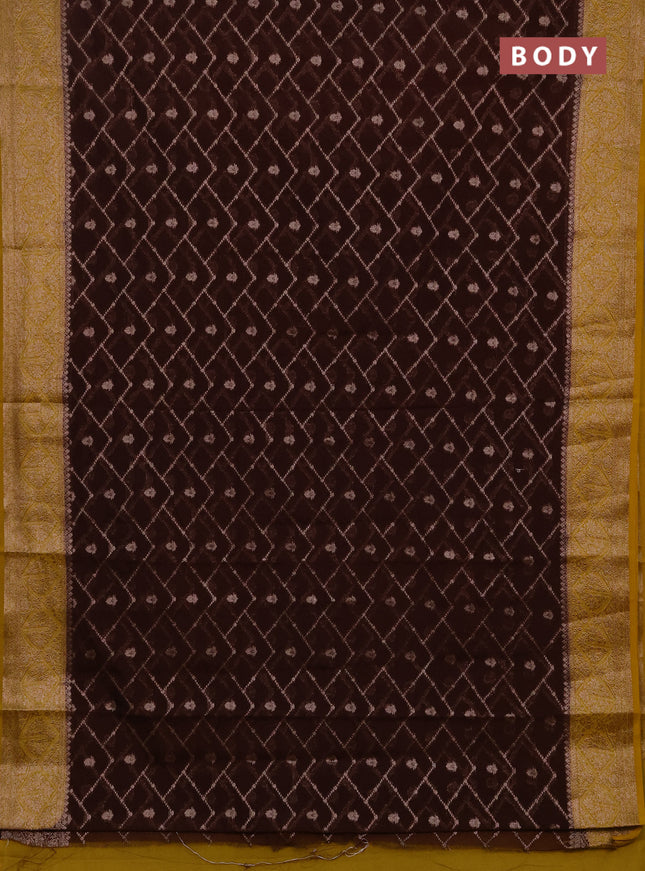Semi chiniya silk saree coffee brown and dark mustard with allover thread & zari weaves and woven border