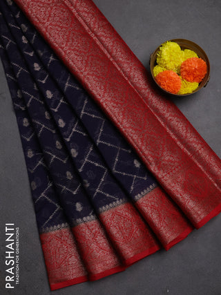Semi chiniya silk saree navy blue and red with allover thread & zari weaves and woven border