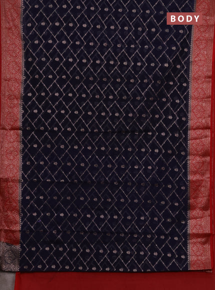 Semi chiniya silk saree navy blue and red with allover thread & zari weaves and woven border