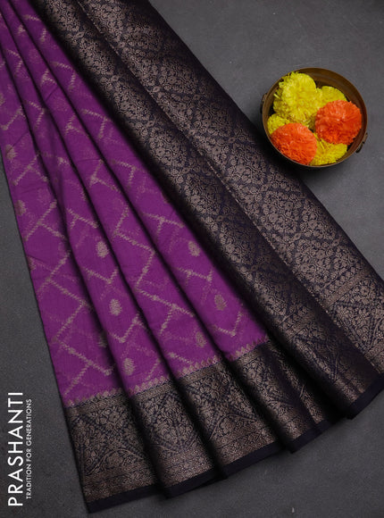 Semi chiniya silk saree dark lavender and navy blue with allover thread & zari weaves and woven border