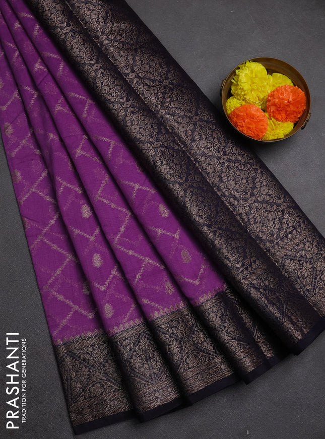 Semi chiniya silk saree dark lavender and navy blue with allover thread & zari weaves and woven border