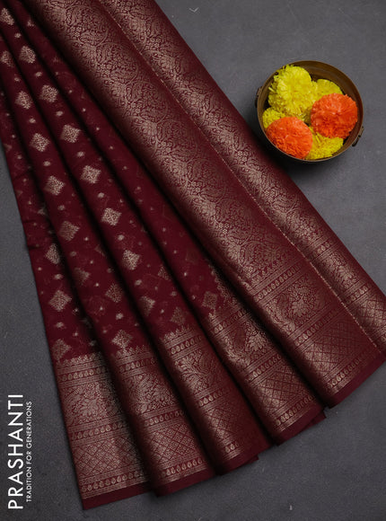 Semi chiniya silk saree wine shade with allover thread & zari woven buttas and woven border