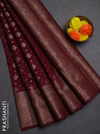 Semi chiniya silk saree wine shade with allover thread & zari woven buttas and woven border