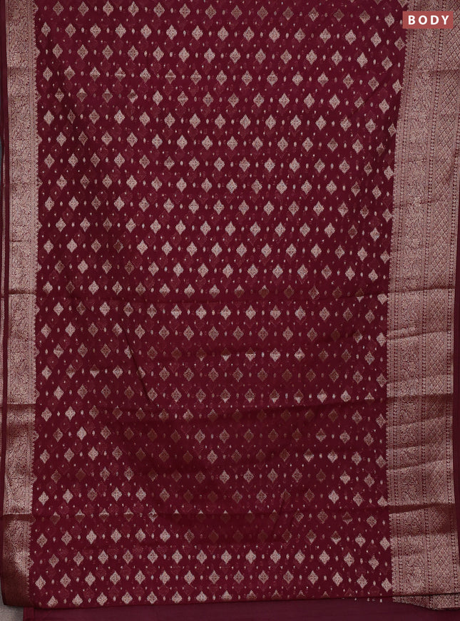 Semi chiniya silk saree wine shade with allover thread & zari woven buttas and woven border