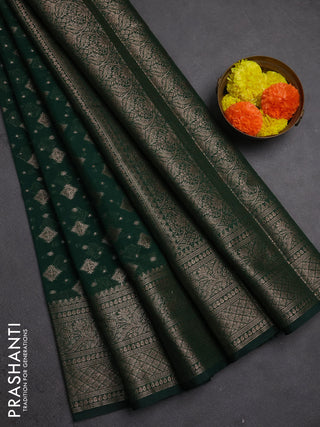 Semi chiniya silk saree dark green with allover thread & zari woven buttas and woven border