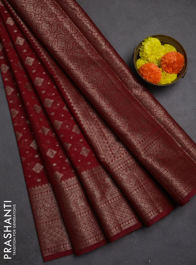 Semi chiniya silk saree kumkum red with allover thread & zari woven buttas and woven border