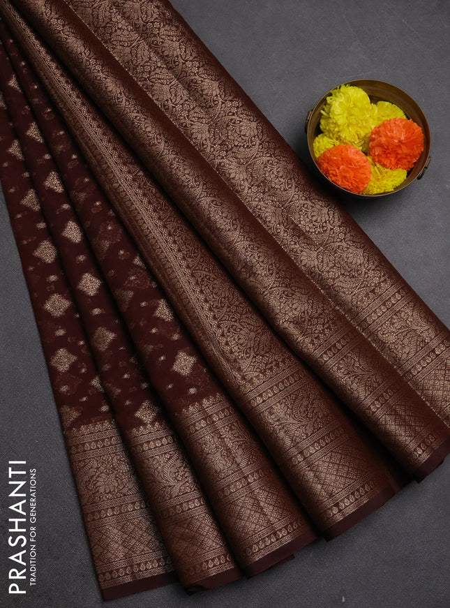 Semi chiniya silk saree coffee brown with allover thread & zari woven buttas and woven border