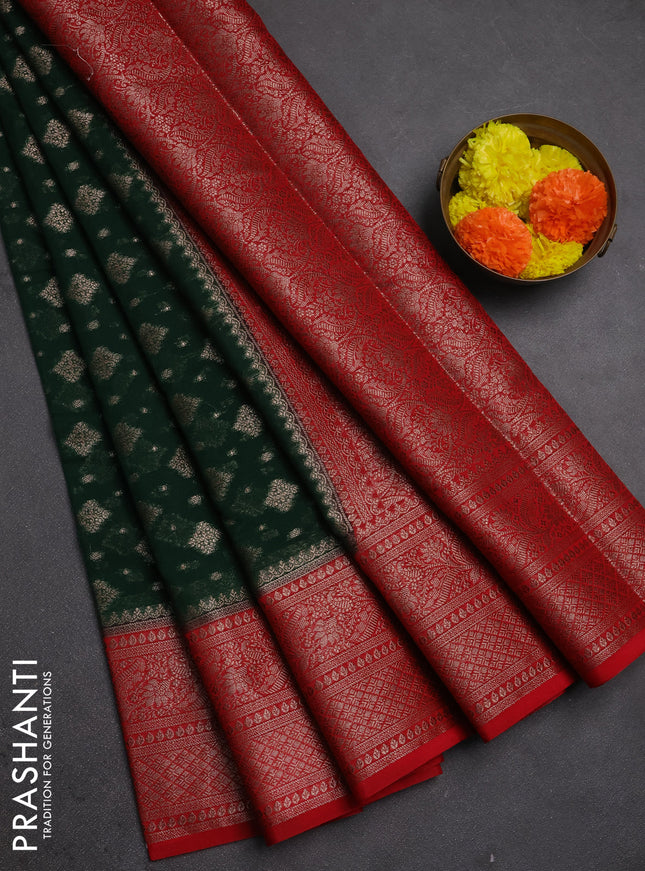Semi chiniya silk saree bottle green and red with allover thread & zari weaves and woven border