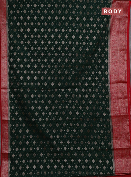 Semi chiniya silk saree bottle green and red with allover thread & zari weaves and woven border