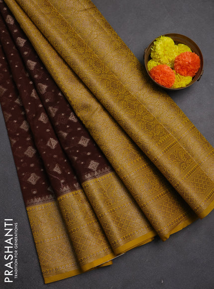 Semi chiniya silk saree brown and mustard yellow with allover thread & zari weaves and woven border