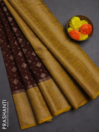 Semi chiniya silk saree brown and mustard yellow with allover thread & zari weaves and woven border