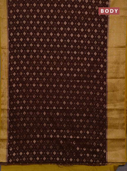 Semi chiniya silk saree brown and mustard yellow with allover thread & zari weaves and woven border