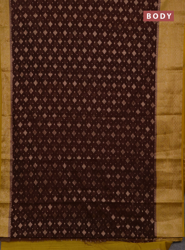 Semi chiniya silk saree brown and mustard yellow with allover thread & zari weaves and woven border