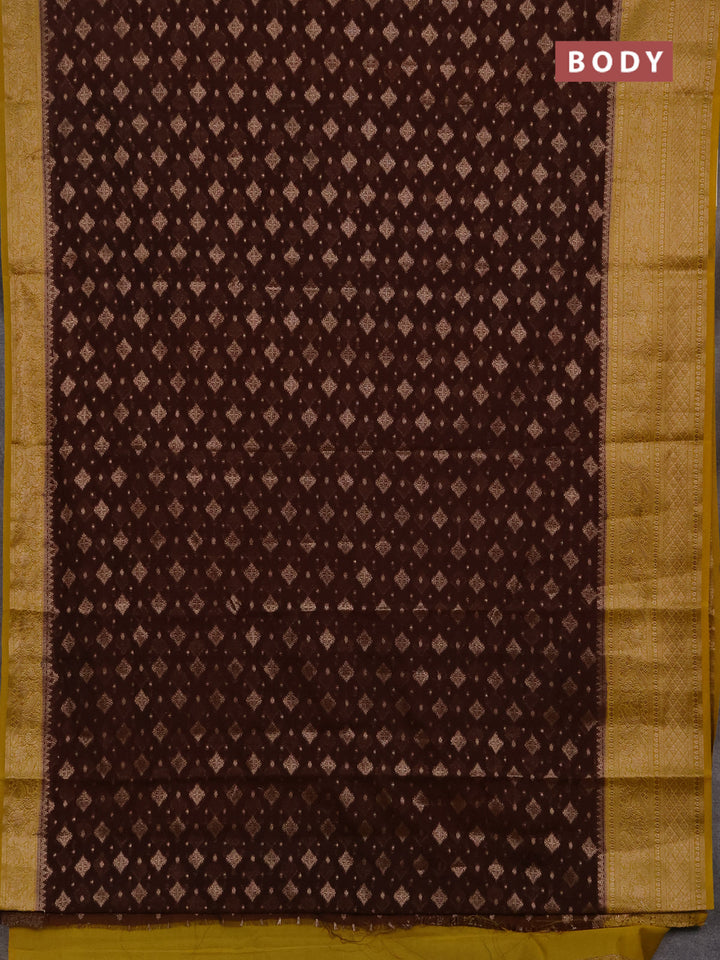 Semi chiniya silk saree brown and mustard yellow with allover thread & zari weaves and woven border
