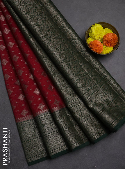 Semi chiniya silk saree red and bottle green with allover thread & zari weaves and woven border