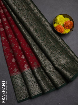 Semi chiniya silk saree red and bottle green with allover thread & zari weaves and woven border