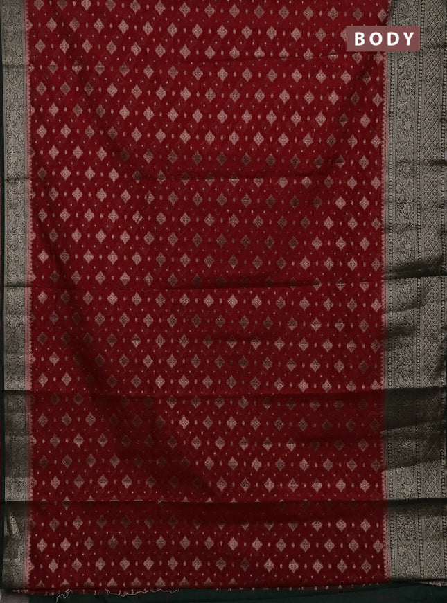 Semi chiniya silk saree red and bottle green with allover thread & zari weaves and woven border