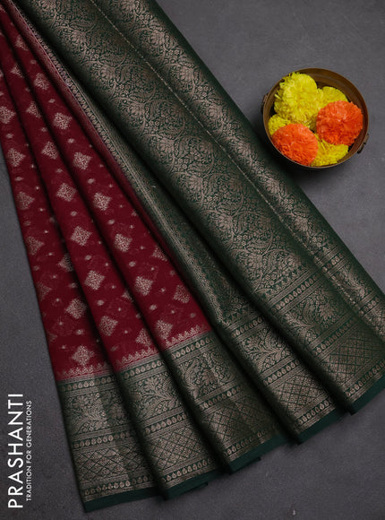 Semi chiniya silk saree wine shade and bottle green with allover thread & zari weaves and woven border