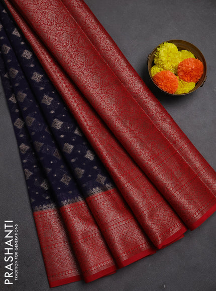 Semi chiniya silk saree navy blue and red with allover thread & zari weaves and woven border