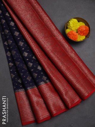 Semi chiniya silk saree navy blue and red with allover thread & zari weaves and woven border