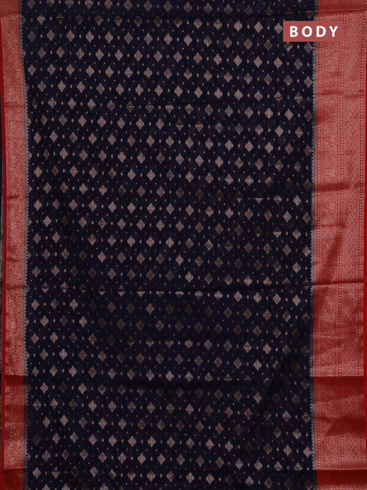 Semi chiniya silk saree navy blue and red with allover thread & zari weaves and woven border