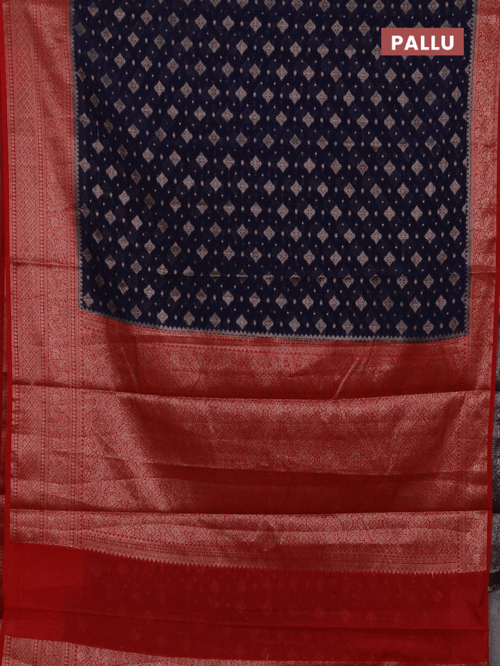Semi chiniya silk saree navy blue and red with allover thread & zari weaves and woven border