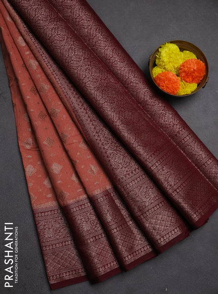 Semi chiniya silk saree dark peach and deep maroon with allover thread & zari weaves and woven border