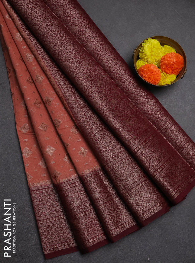 Semi chiniya silk saree dark peach and deep maroon with allover thread & zari weaves and woven border