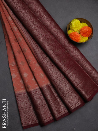 Semi chiniya silk saree dark peach and deep maroon with allover thread & zari weaves and woven border