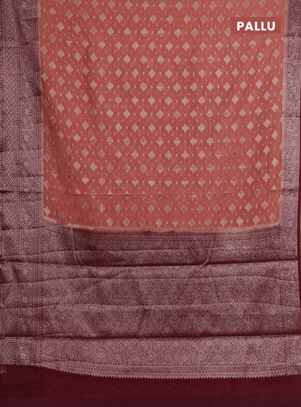 Semi chiniya silk saree dark peach and deep maroon with allover thread & zari weaves and woven border