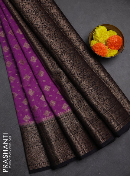 Semi chiniya silk saree dark lavender and black with allover thread & zari weaves and woven border