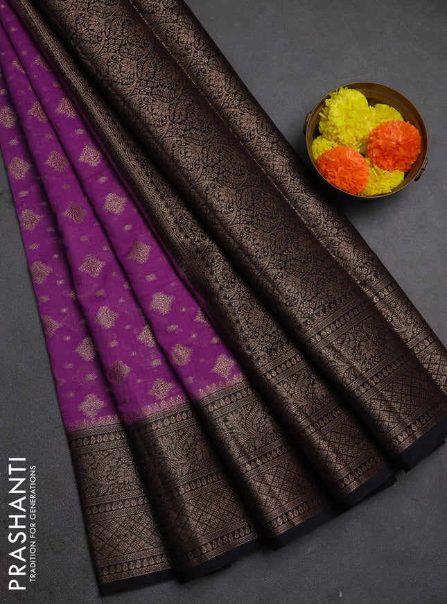 Semi chiniya silk saree dark lavender and black with allover thread & zari weaves and woven border