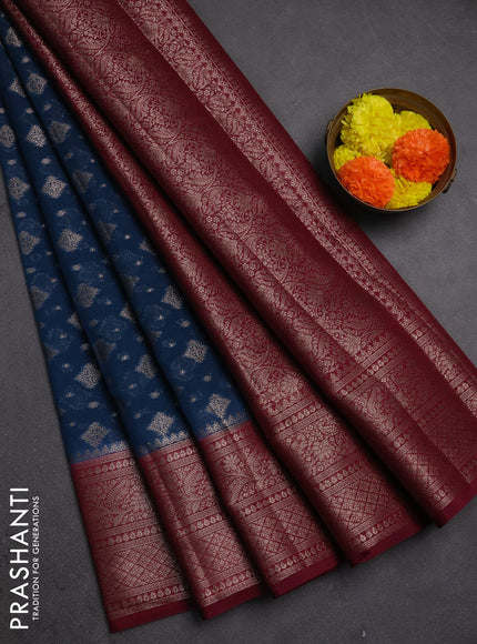 Semi chiniya silk saree peacock blue and maroon with allover thread & zari weaves and woven border