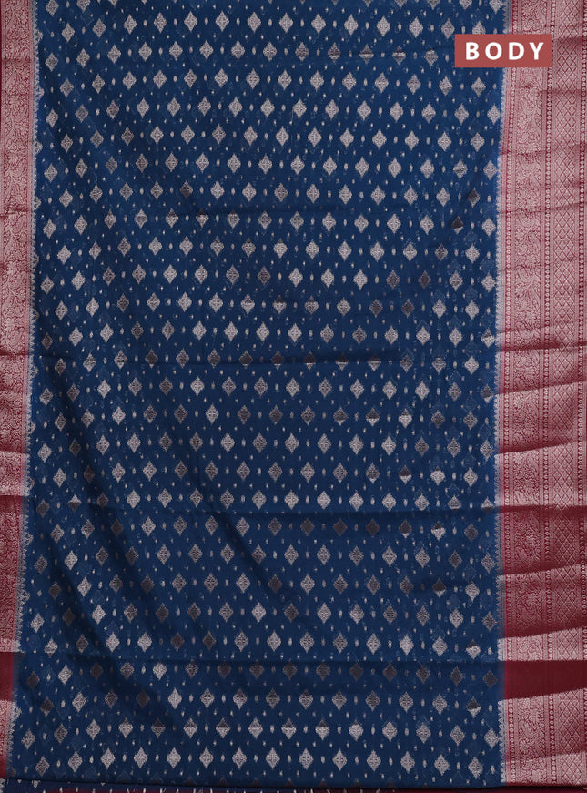 Semi chiniya silk saree peacock blue and maroon with allover thread & zari weaves and woven border